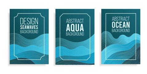 Abstract art posters background blue aqua sea waves,ocean water and coast beach.Template texture wave lines pattern for banner or card.Frames for text with logo.Vector cover social media,textile print
