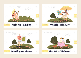 Painters and plein art concept of landing pages set with people painting outdoors
