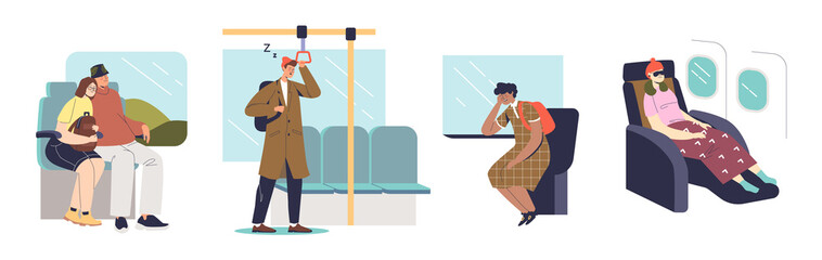 People sleeping in public transport: during flight in plane, in train or subway carriage