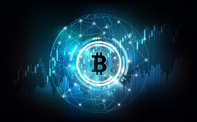 Bitcoin digital currency, futuristic digital money on global hologram, technology worldwide network concept, vector illustration