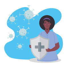 afro woman lifting shield with covid19 particles immune system vector illustration design