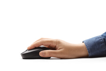 Male hand holding a computer mouse on white desk