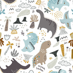 Childish seamless dino pattern. Creative hand drawn funny dinosaurs background. Vector background for fabric, textile, apparel, wallpaper. © solodkayamari