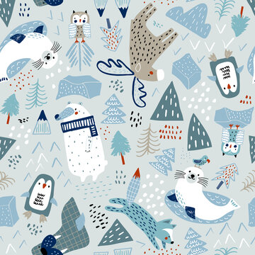 Childish seamless nordic pattern. Creative hand drawn north pole background.  background for fabric, textile, apparel, wallpaper.