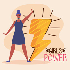 girl power lettering with afro woman and thunder ray vector illustration design