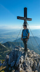 A man with big backpack standing under a metal cross with a panoramic view on the Alps from the top of Mittagskogel in Austrian Alps. Clear and sunny day. A bit of haze in the valley. Outdoor activity