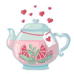 A teapot with tea. Romantic tea party. Simple drawing in pastel colors. Vector illustration drawn in cartoon style isolated on white background