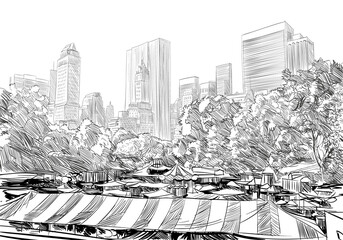 Central park. New York. USA. Hand drawn city sketch. Vector illustration. - obrazy, fototapety, plakaty