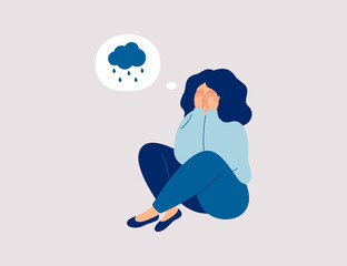 Lonely young girl sitting on floor and cover her face with arms. Sad child is crying.  Female character feels depression, sorrow, grief. Concept of mental disorder or illness. Vector illustration - obrazy, fototapety, plakaty