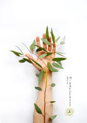 Environmental concept.Hand with green branch on it. The plant emphasizes the veins on the arm,...