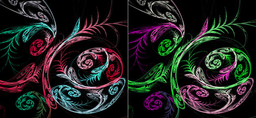 Fototapeta premium Abstract colorful plant creates a pattern on a black background. Twigs with leaves are placed diagonally and wrapped in a spiral. Set of abstract fractal backgrounds. 3d rendering. 3d illustration.