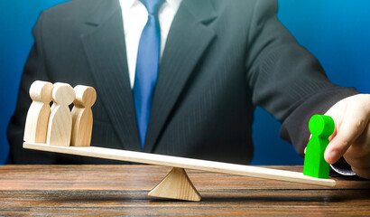 Man opposes green man to group of people on scales. Appointment of a leader. A talented employee is...
