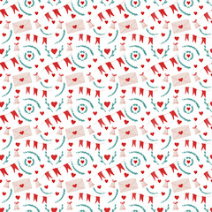 Valentines Day seamless pattern with red hearts, love letters, wreath, bells and red flags garland on white.