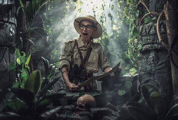 Cheerful woman exploring a tropical jungle - obrazy, fototapety, plakaty