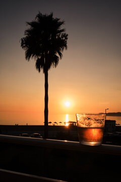 Crystal glass with cold cocktail placed on background of beach with palm tree and sundown sky over sea in Spain
