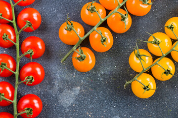 All color and colorful cherry tomatoes, high angle view of food background