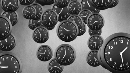 Animation of multiple black and white clock moving fast on grey background