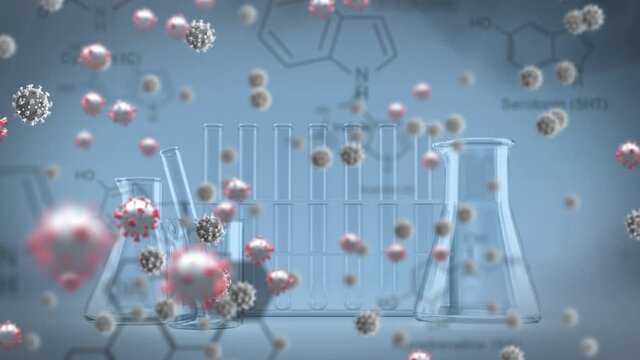 Animation of covid 19 cells over chemical compound structures, flasks and test tubes