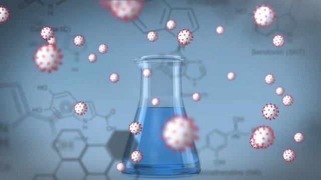 Animation of covid 19 cells over chemical compound structures and flask with blue liquid
