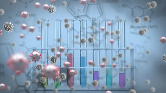 Animation of covid 19 cells over chemical compound structures and test tubes