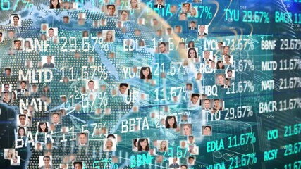 Digital composition of globe of multiple profile icons spinning against stock market data processing - Powered by Adobe