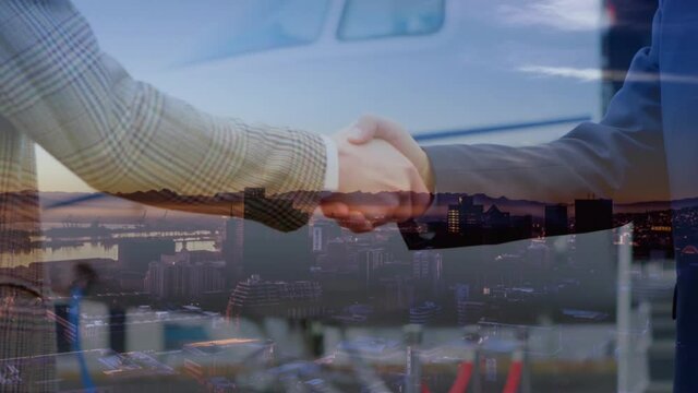 Digital composition of business people shaking hands over airport against cityscape in background