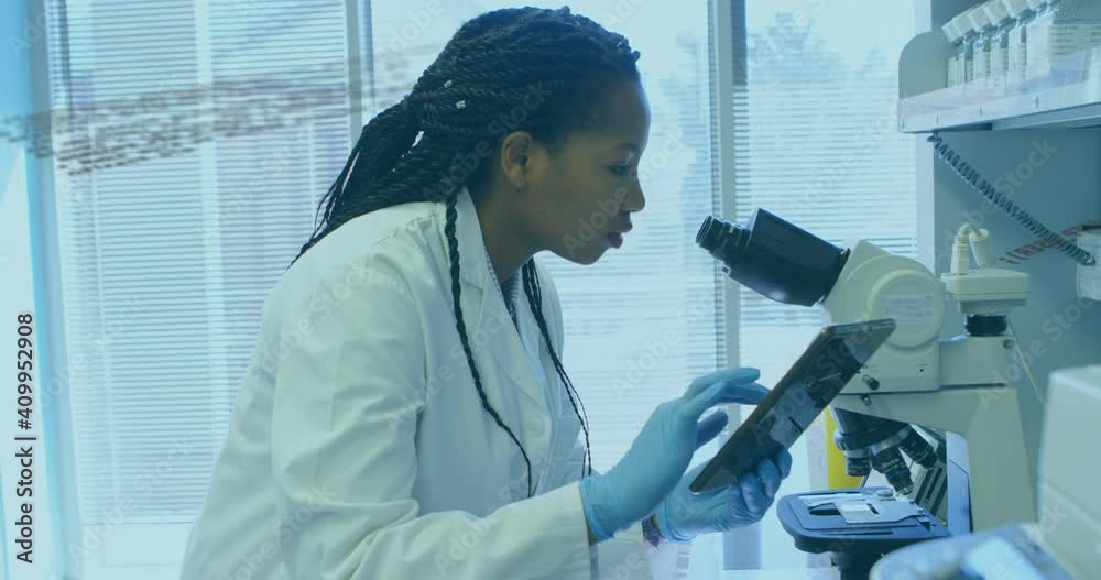 Poster animation of data processing over female scientist using tablet and microscope