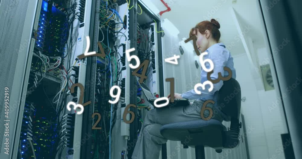 Poster animation of numbers changing and processing over woman using laptop checking computer server
