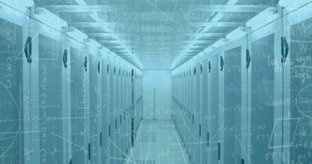 Animation of mathematical formulae over tech room with computer servers - Powered by Adobe