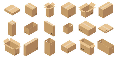 Set of isometric carton packaging boxes. Closed and open cardboard box. Isolated on white background.
