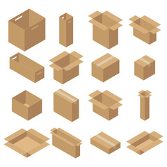 Set of isometric carton packaging boxes. Closed and open cardboard box. Isolated on white background.