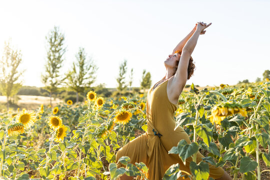 Serene female in dress standing in blossoming sunflower field while doing yoga and looking up