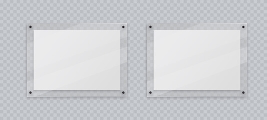 Acrylic frame mockup, two horizontal glass plate for poster of photo, realistic mockup isolated hanging on transparent wall. White blank banners on plexiglass display, 3d vector illustration.