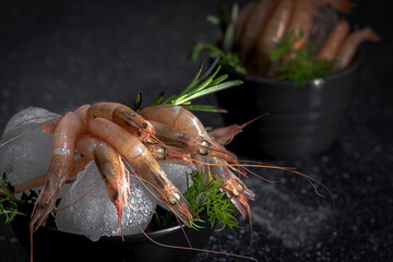Raw prawns placed in bowl with ice cubes and green herbs on dark table in kitchen of restaurant