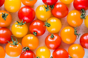 All color and colorful cherry tomatoes, high angle view of food background