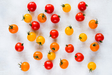 All color and colorful cherry tomatoes, high angle view of food background