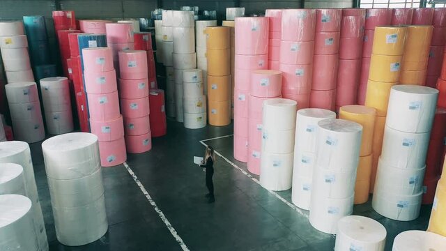Female specialist observing large paper warehouse