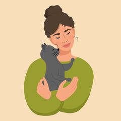Beautiful woman hugs her cute cat. Happy pet owner. Vector illustration. Flat design. 