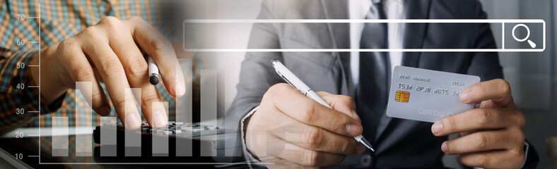 Searching Browsing Internet Data Information with blank search bar.businessman working with smart phone, tablet and laptop computer on desk in office. Networking Concept