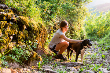 Side view of content female owner stroking adorable loyal dog while relaxing together on sunny day in green woods