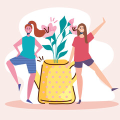 cute happy young women couple with floral decoration vector illustration design