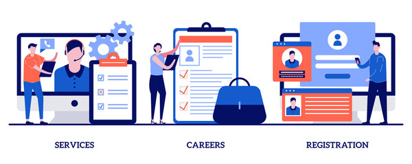 Service, careers, registration page concept with tiny people. Corporate website abstract vector illustration set. Menu bar design, corporate website, create account, user experience metaphor