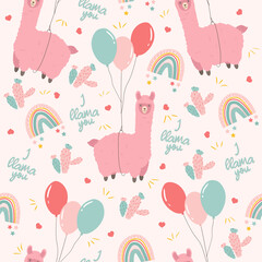 Cute llama seamless pattern. Alpaca flying on toy balloon, pastel rainbow and cactus. Childish background. Textile or wrappind paper for children. Baby shower party concept. © lumionary