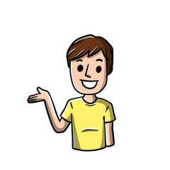Man with Spread hands. Smiling young boy in shirt. Doubt and timidity. Hand drawn sketch cartoon. Uncertainty and shrugging. Funny illustration
