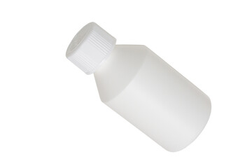 Empty, lidded medical bottle made of white plastic. Isolated on a white background, close-up