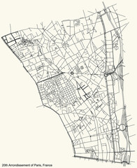 Black simple detailed street roads map on vintage beige background of the neighbourhood Ménilmontant, 20th arrondissement of Paris, France