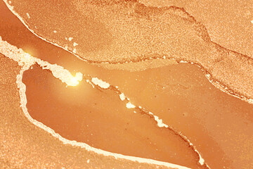 Orange and gold marble texture with sparkles. Abstract vector background in alcohol ink technique. Modern paint with glitter. Template for banner, poster design. Fluid art painting