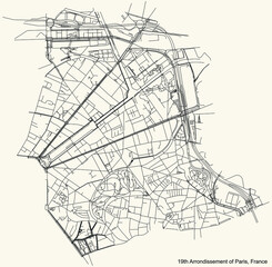Black simple detailed street roads map on vintage beige background of the neighbourhood dix-neuvième, 19th arrondissement of Paris, France