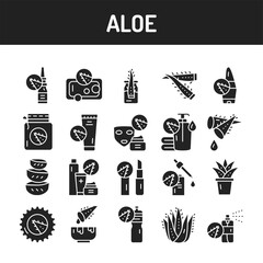 Aloe black glyph icons set. Vector illustration. Outline pictograms for web page, mobile app, promo