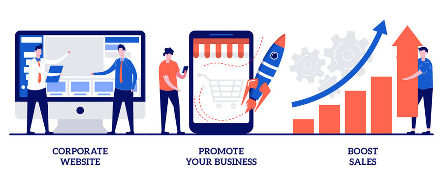 Corporate website, promote your business, boost sales concept with tiny people. Business management vector illustration set. Startup lunch, sales and profit increasing, company webpage metaphor